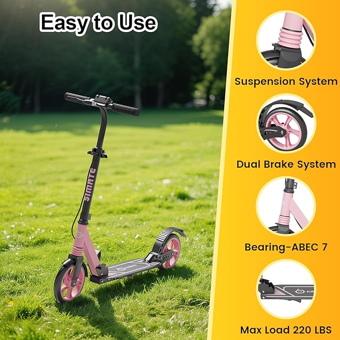 Kick Scooter for Kids Teens & Adults, 4 Adjustable Heights, 8IN All Terrain Big Wheels, Dual Brakes & Dual Suspension, Foldable and Lightweight, Gifts for Girls Boys