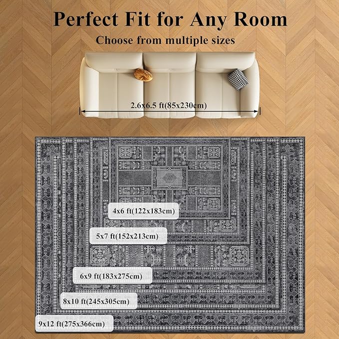 Washable Rugs 5x7 Area Rugs for Living Room, Thin Carpet for Bedroom, Soft Faux Wool Retro Dining Room Rug,Non Slip&Non-Shedding Resistant Low Pile Vintage Print Rug for Home Office (Grey)