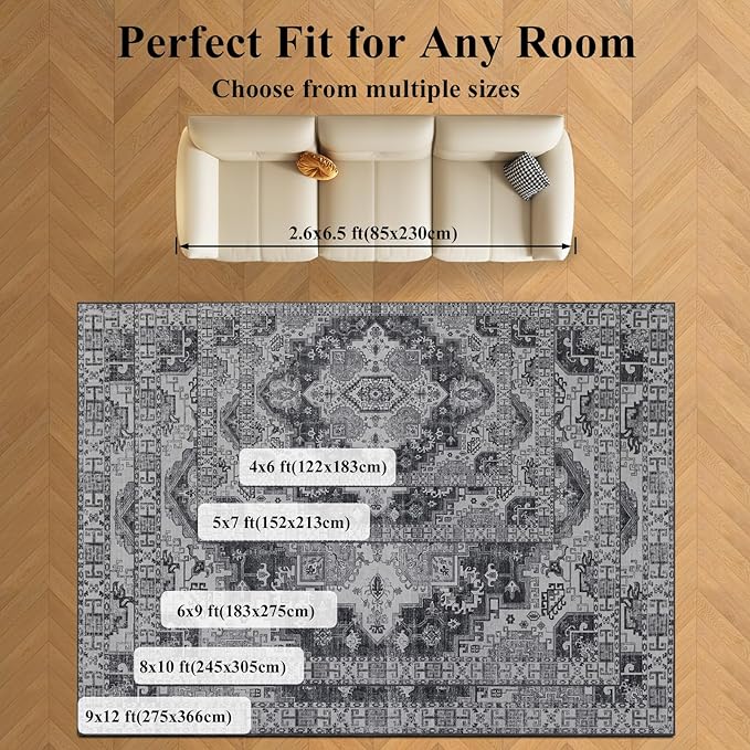 Washable Rugs 5x7 Area Rugs for Living Room, Thin Carpet for Bedroom, Soft Faux Wool Retro Dining Room Rug,Non Slip&Non-Shedding Resistant Low Pile Vintage Print Rug for Home Office (Medium Gray)