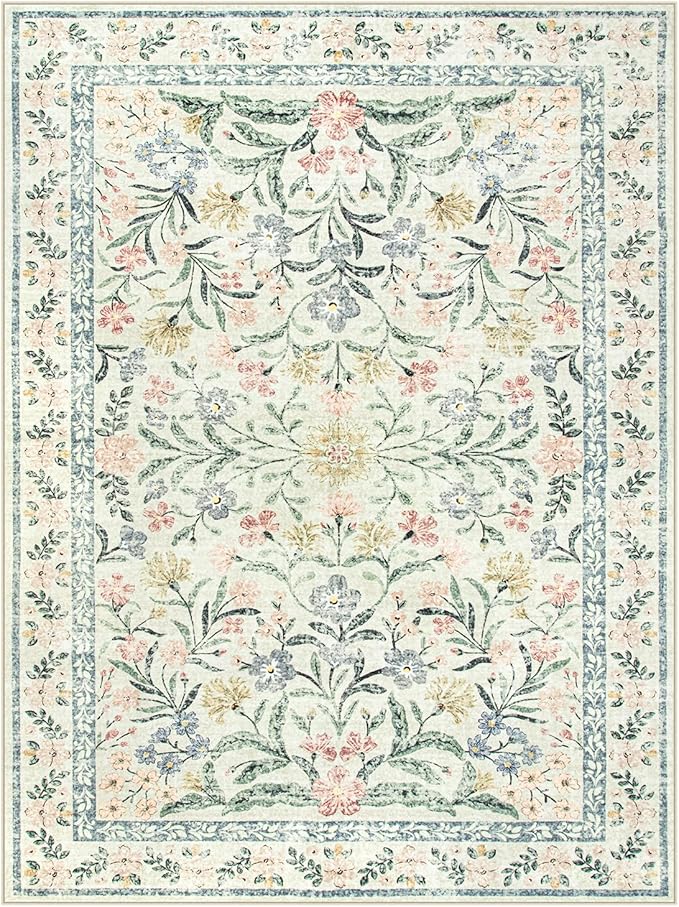 Wonnitar Large Rugs for Living Room, Soft Washable Floral 9x12 Area Rug for Bedroom, Boho Non-Shedding Foldable Carpet for Kids Playroom Apartment Home Decor