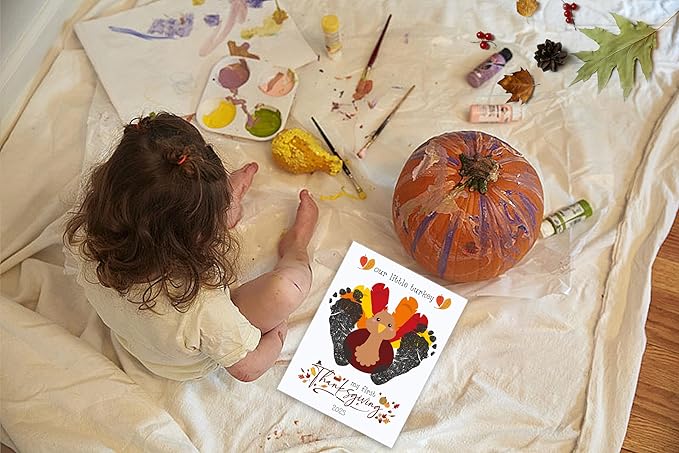 My First Thanksgiving Foot Print Kit for Baby, DIY Baby Keepsake Gifts, 10 Cute Turkey Cards, Supplies for Thanksgiving Party Games, Make Your Own Thank You Greeting Cards Gifts for Mom and Dad, 02