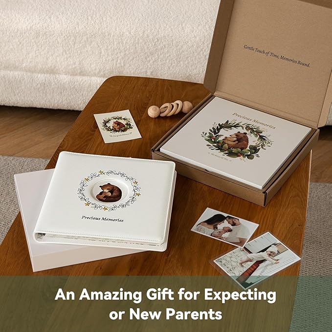 Leather Embroidery Baby Book Keepsake - Gender Neutral Baby Memory Book, Baby Photo Album for First 5 Years, Baby Books for Baby Shower, Pregnant Mom Gifts, Forest-Inspired Design, 10" x 10"