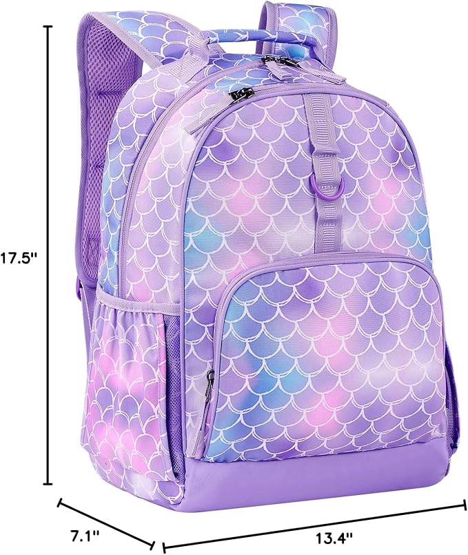 Choco Mocha Mermaid Backpack for Girls, Elementary School Backpack for Girls Ages 6-8 Kids Kindergarten Backpack Bookbag 17 Inch with Chest Strap, Purple