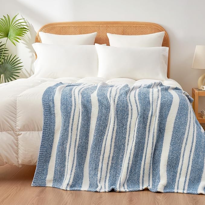 Snuggle Sac Stripe Blue Blankets Luxurious Microfiber Fabric, Reversible Super Soft Bedding Blankets Warm Cozy Knit Fuzzy Plush Blanket for Bed,Couch,Sofa,Living Room, Blue Stripe,60x80 inches
