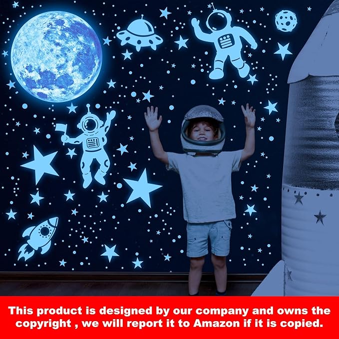 1017Pcs Glow in The Dark Stars for Ceiling Glow in The Dark Moon and Planet Wall Decal Luminous Astronaut Universe Galaxy Space Wall Stickers for Kids Boys Bedroom Blue