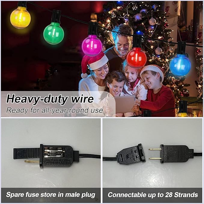 G40 LED Outdoor String Lights,25Ft Globe Multicolor Christmas Decorations String Lights with 27 Shatterproof LED Bulbs, Hanging Outdoor Patio Lights for Outside Backyard Porch Balcony Party- Black