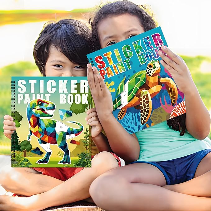 90shine 4PCS Crafts for Kids Ages 4-8 Sticker Paint Books Includes Dinosaur Marine Land Animals Multicolored Design Gifts Create 40 Pictures