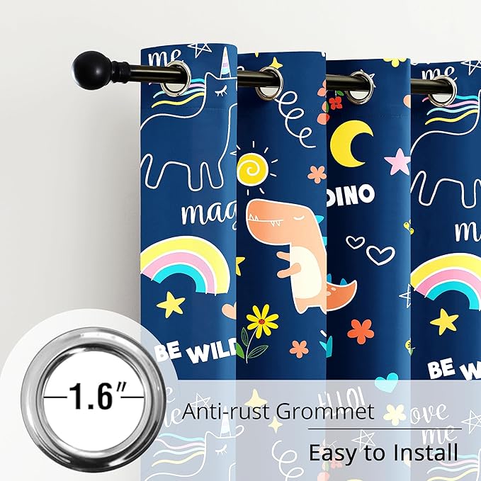 100% Blackout Curtains for Kids - Adorable Dinosaur & Unicorn Pattern, 2Panels, Each W52xL63, Thermal Insulated Noise-Reducing Drapes for Nursery, Bedroom, Playroom - Fun & Colorful Design