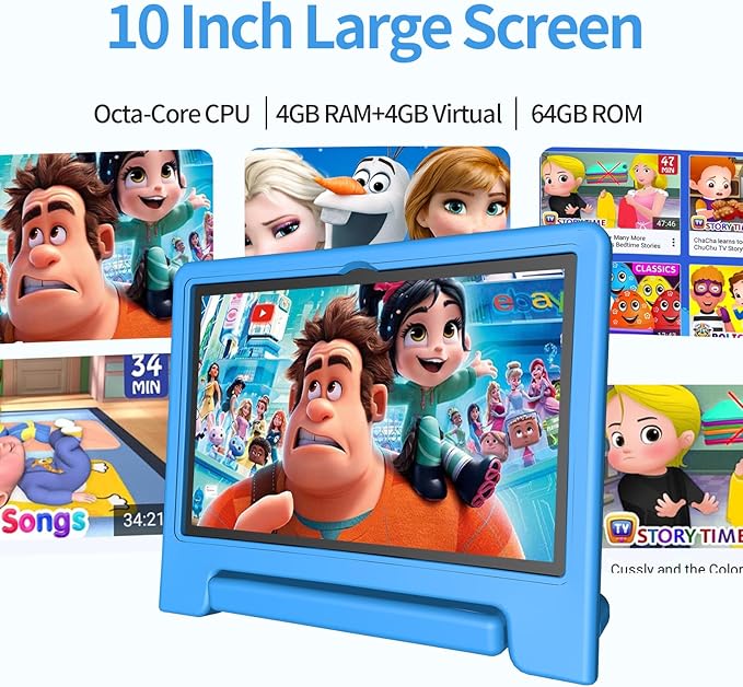 JREN Tablet for Kids|10 Inch Kids Tablet Android 14|Octa-core|64GB|WiFi |Bluetooth|Parental Control|Children Content|Children Toddler Blue