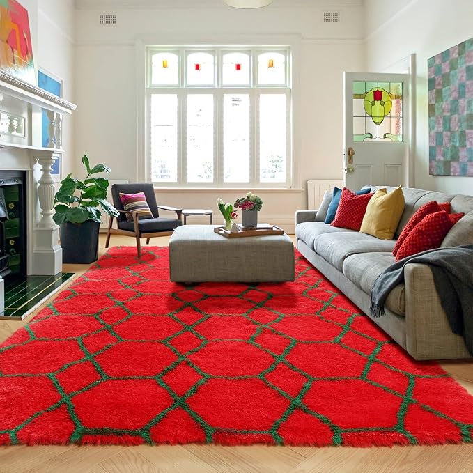ONASAR Area Rugs for Living Room Bedroom, 5x8 Washable Fluffy Red and Dark Green Rug, Geometric Boho Soft Plush Shaggy Fuzzy Floor Carpet for Nursery Kids Girls Boys Teen Dorm Home Decor Aesthetic