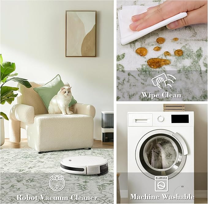 Sage Small Area Rug 2x3 Throw Rug for Entryway Bathroom Kitchen, Non-Slip Low-Pile Washable Distressed Modern Boho Floor Carpet for Laundry Room, Indoor Washstand Vanity Front Mat 24x36 Inch