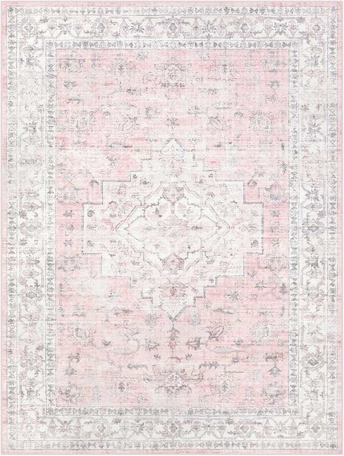 LIVEBOX Pink 9x12 Area Rug for Bedroom Girls, Boho Washable Rugs for Living Room Nursery, Non-Slip Indoor Soft Carpet Low-Pile Farmhouse Carpets for Dining Room Kids Playroom, Pink