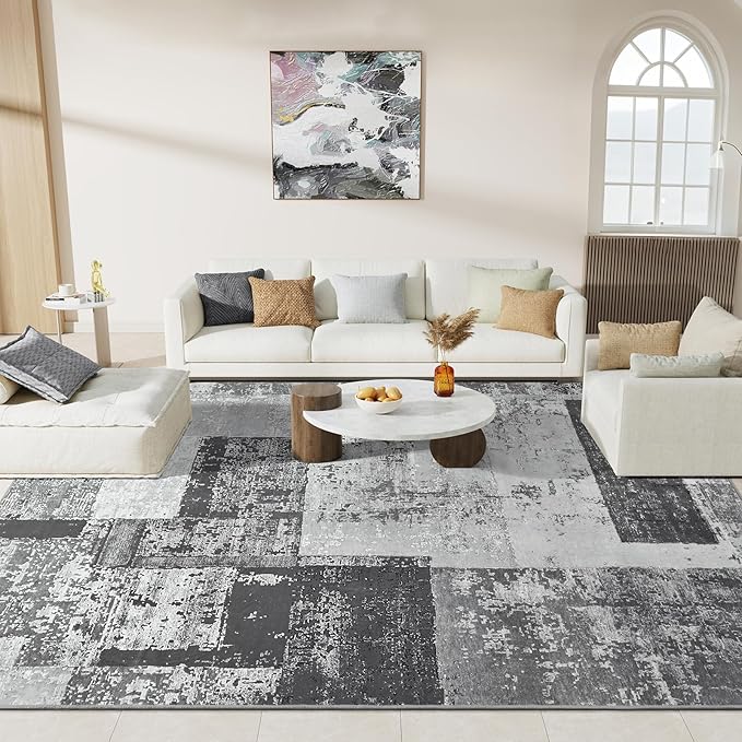 LOCHAS Rug for Living Room, Washable Soft Area Rugs for Bedroom 6x9, Abstract Carpet for Indoor Office Kids Dining Room Nursery Floor, Grey Geometric Vintage Home Decor, Non Slip, Pet Child Friendly