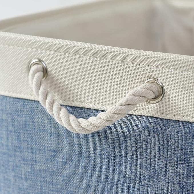 TcaFmac Storage Bins for Organization - Large 3 Pack Canvas Storage Basket for Shelves with Handles, Collapsible Baskets for Organizing for Closet Dog Laundry (White & Blue16x12x8 inch)