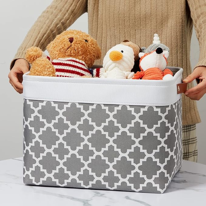 DULLEMELO Foldable Nursery Storage Baskets Canvas Storage Bins for Organizing 2 Pack Collapsible Home Organizer With Leather Handles (White&Lattice Grey)