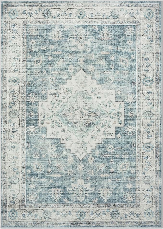 LIVEBOX Washable Area Rug 9x12 Rugs for Living Room Bedroom, Non-Slip Boho Indoor Carpet for Dining Room Office, Low-Pile Farmhouse Soft Carpets for Kids Nursery Room Playroom, Blue