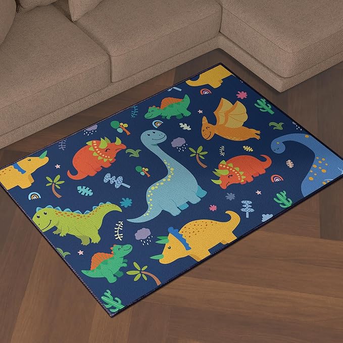 Cute Cartoon Dinosaur Rug for Boys Bedroom 59"x39" Bedroom Playroom Decor for Kids Lovely Dinosaur Animal Pattern Carpet Blue Rug Non-Slip Washable