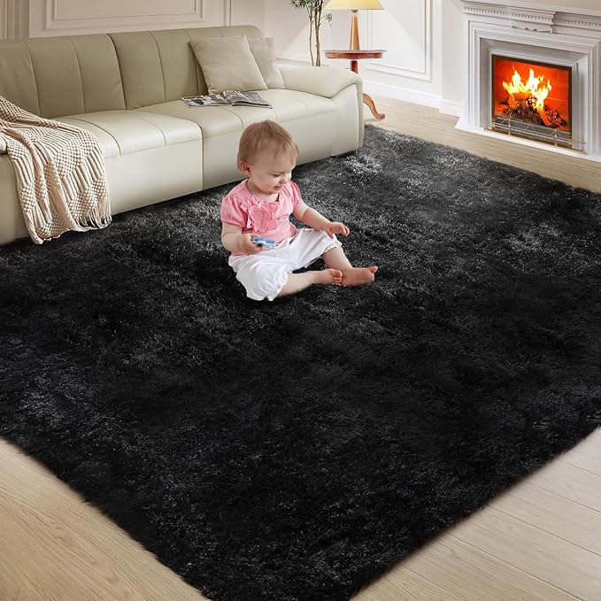 5X8 Ultra Soft Rug for Living Room, Fluffy Shag Area Rug for Bedroom, Modern Shaggy Carpets Fuzzy Rug for Teens Dorm Nursery Home Decor Aesthetic, Upgrade Anti-Skid Durable, Black