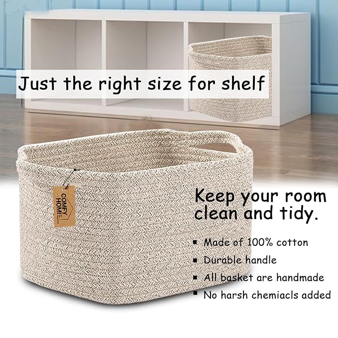 COMFY-HOMI 3PACK Cotton Rope Woven Basket With Handles for Shelves, Toy, Book, Cloth Storage Basket for Organizing|13.5" x 11" x 9.5" Decorative Nursery Cube Bin for Living Room(all brown)