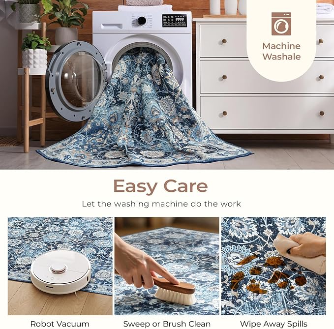 Blue 9x12 Area Rugs for Living Room, Washable Large Rug, Vintage Floral Soft Carpet, Non Slip & Low Pile, Wool Carpets for Indoor Bedroom Dining Home Playroom Office Under Table, Blue Garden