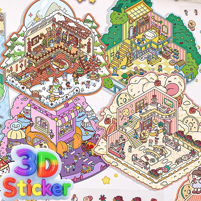 DIY 3D Sticker Scene,8 Sets Pack(600+) Large-Sized, Reusable Sticker Book, Cute Sets for Free Combination, Waterproof for Anywhere, Crafts Party Favors Birthday Gift