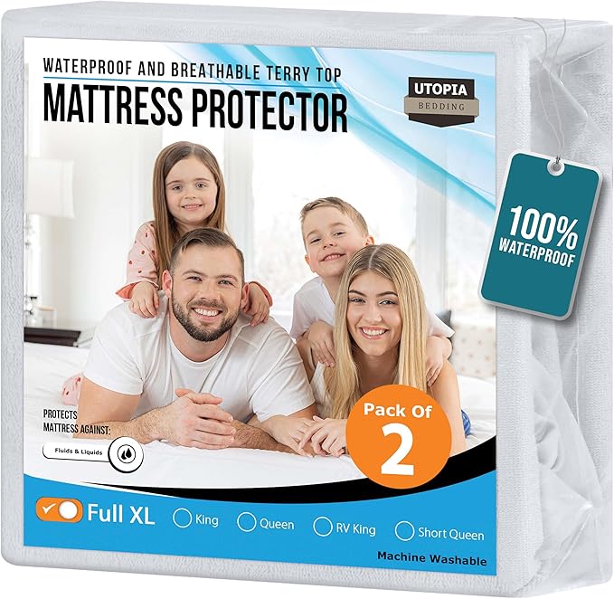 Utopia Bedding Waterproof Mattress Protector Full XL Size 2 Pack, 200 GSM Breathable Terry Mattress Cover, Fitted Style with Stretchable Pockets (White)