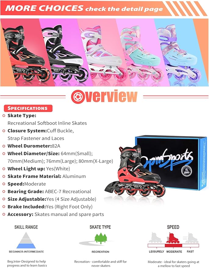 2PM SPORTS Vinal Girls Adjustable Flashing Inline Skates, All Wheels Light Up, Fun Illuminating Skates for Kids Men Adult Women and Boys