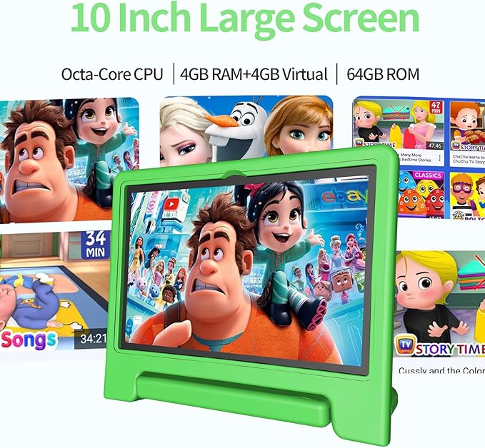 JREN Tablet for Kids|10 Inch Kids Tablet Android 14|Octa-core|64GB|WiFi |Bluetooth|Parental Control|Children Content|Children Toddler Green