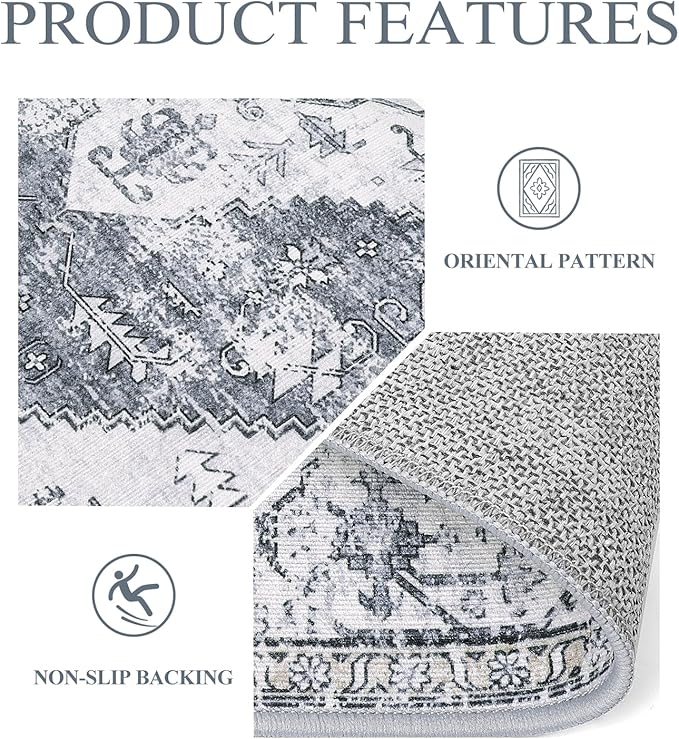 Lahome Boho Washable Rugs for Entryway - 2x3 Small Non-Slip Kitchen Rug Throw Lightweight Area Rugs for Bedroom Grey Print Oriental Distressed Bathroom Mat Floor Doormat Carpet for Laundry Living Room