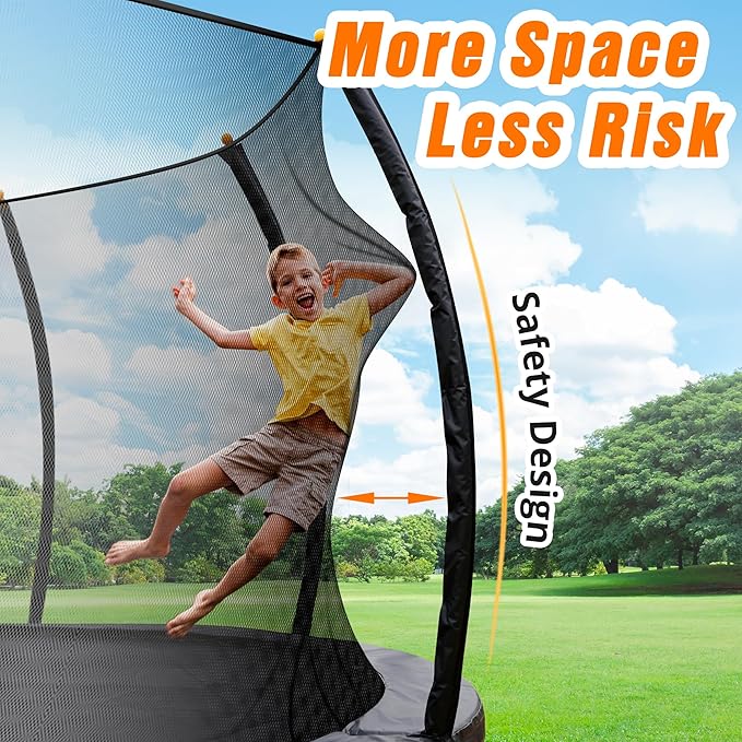 10FT 12FT 14FT 16FT Pumpkin Trampoline for Kids Adults, ASTM Approved Outdoor Recreational Trampoline with Basketball Hoop, Enclosure Net, Yellow