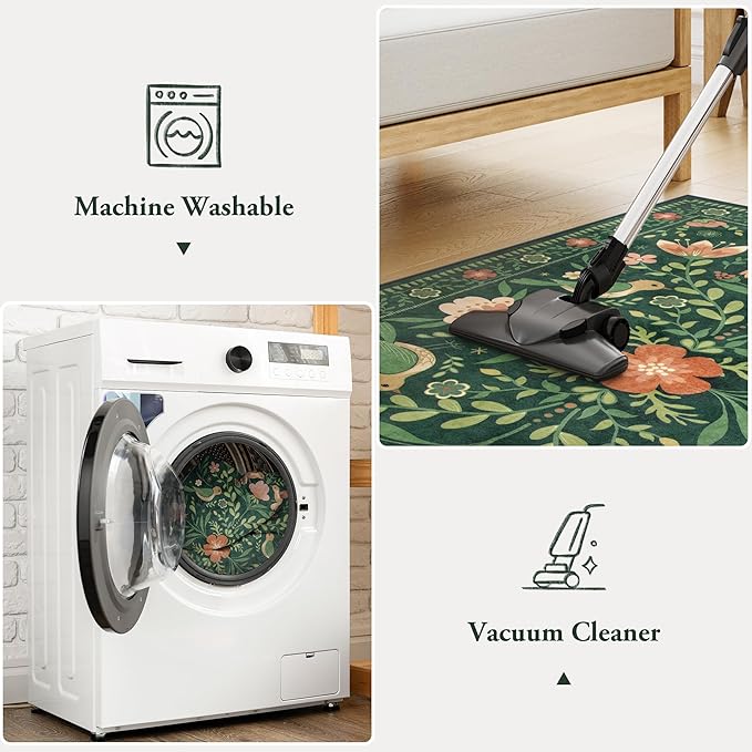 Moynesa Boho Bird 5x7 Area Rugs for Living Room, Washable Green Rug Jungle Floral Bedroom Rug, Low-Pile Soft Vintage Floor Carpet Non-Slip for Dining Room Playrom Living Room