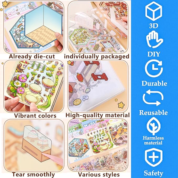 DIY 3D Sticker Scene,8 Sets Pack(500+), Reusable Sticker Book, Cute Sets for Free Combination, Cute Waterproof for Anywhere, Crafts Party Favors Birthday Gift