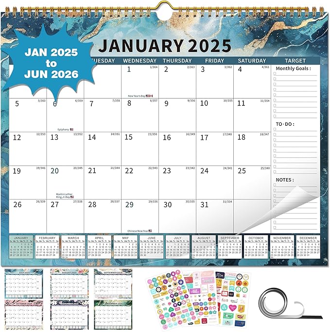2025 Calendar, Wall Calendar 2025-2026 Planner Hanging Spiral Bound Magnetic Fridge Calendars 15" x 12", Use Jan 2025 - Jun 2026