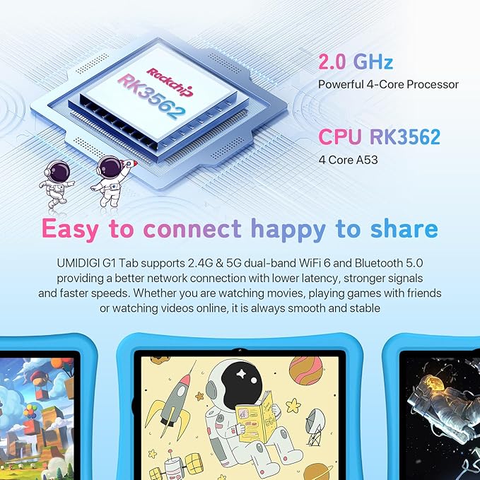UMIDIGI Kids Tablet, G1 Tab Android Tablet PC, 10.1" Tablet for Kids, 8G+64G up to 1TB, WiFi 6, 8MP+8MP Dual Camera, Quad-Core, 6000mAh, BT5.0, TÜV Eye Bluelight, Parental Control,Blue