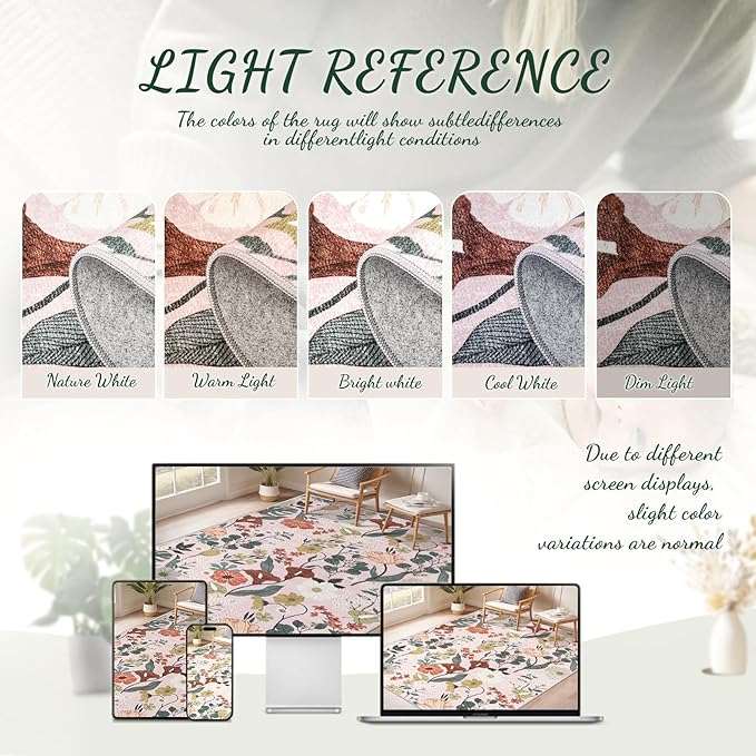 Area Rug Living Room Rugs: 5x7 Washable Rug Vintage Floral Soft Boho Non Slip Carpet Indoor Floor Non Shedding Low Pile Thin Carpets for Bedroom Dining Room Farmhouse Nursery Home Office Light Pink