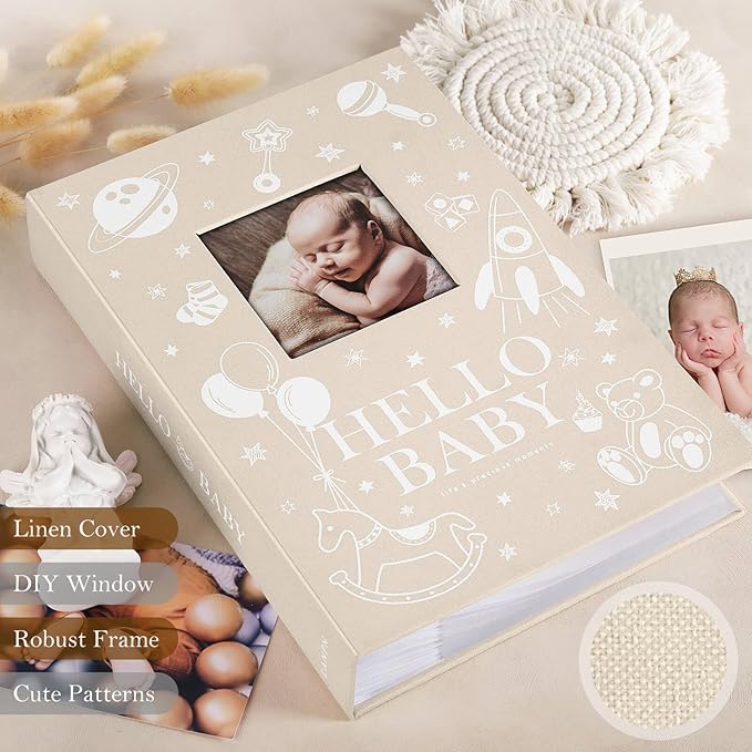 Lanpn Baby Photo Album 4x6 300 Pockets, Linen Newborn Bebe Ultrasound Photo Album with Memo Writing Area Photo Book, Picture Album for kids, Baby Girl Boy Memory Book Keepsake Beige