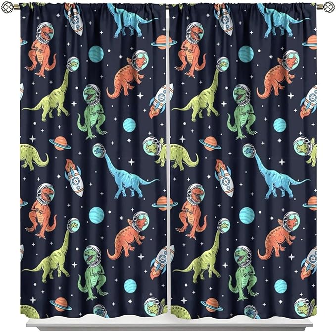 Cartoon Dinosaur Curtains for Kids Boys Girls Home Decor, Astronaut Rocket Funny Outer Space Blackout Rod Pocket Window Drapes for Bedroom Living Room W36xL63in 2 Panels