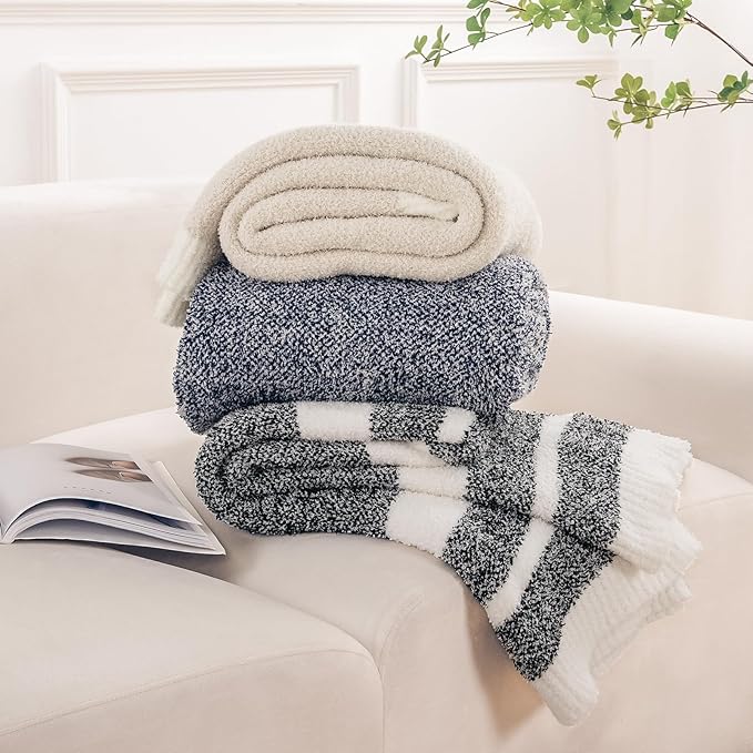 NEXHOME PRO Stripe Cozy Blanket Twin, Knit Fuzzy Throw Blanket for Couch Bed Sofa Picnic, Ultra Soft Blankets for Women Gifts Black 60 x 80 inches