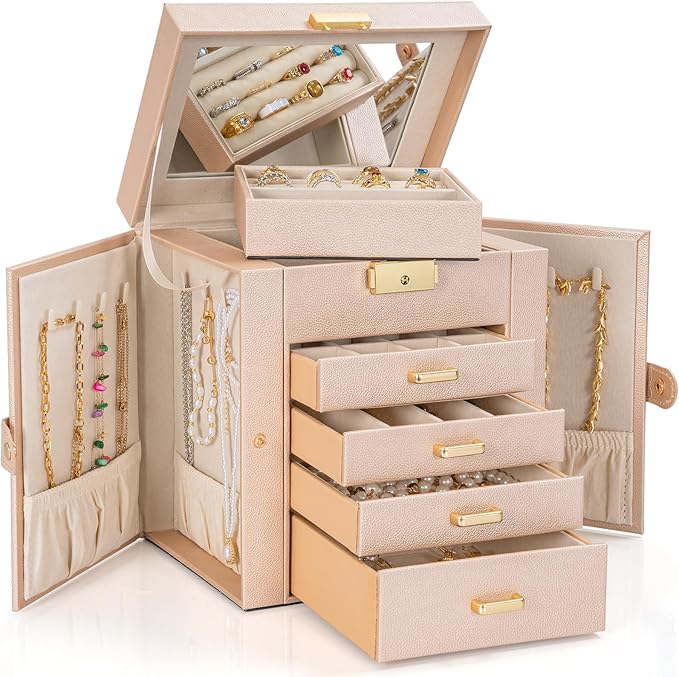 AKOZLIN 5-Tier Jewelry Box Leather Jewelry Storage Organizer with 4 Drawers Lockable for Women Girls Ring Necklace Earring Bracelet Watches Holder with Mirror Champagne