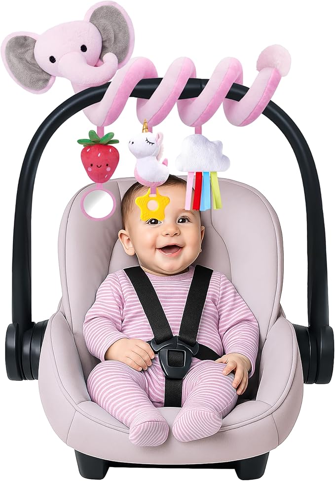 Stuffed Spiral Car Seat Toys for Baby Girls 0-6 Months, Perfect Newborn Gifts for Girls Essentials, Cute Pink Elephant Plush Items