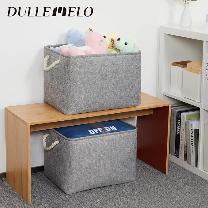 DULLEMELO Fabric Storage Bins 16x12x12 inches, Large Rectangular Storage Baskets 2 Pack, Collapsible Storage Organizer Decorative Storage Boxes for Closet, Toys, Clothes, Home, Office (Grey)