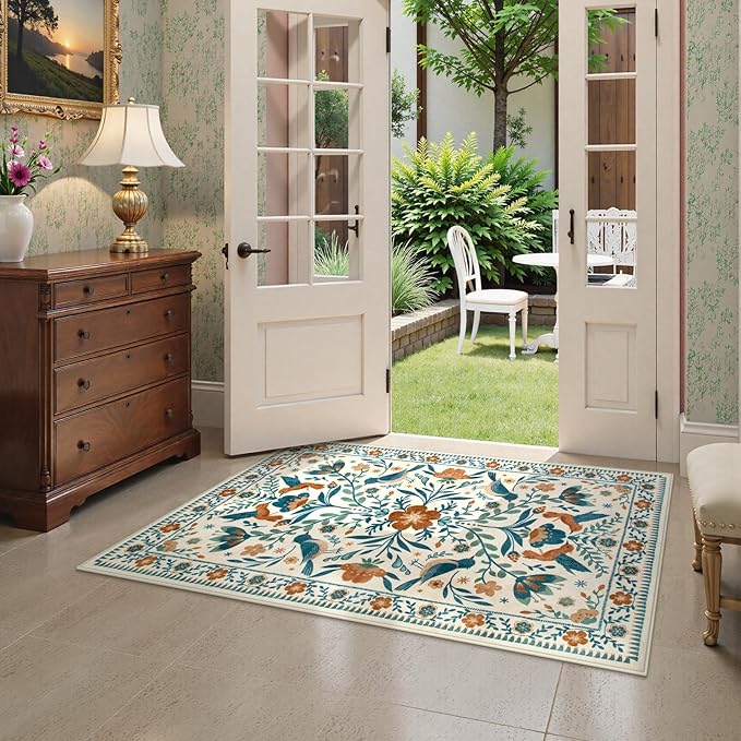 Moynesa Washable 3x5 Rug, Non Slip Kitchen Rugs Boho Bird Small Beige Living Room Area Carpet for Office Bedroom Bathroom, Indoor, Ultra Thin, Soft, Stain Resistant, Floral Entryway Mat