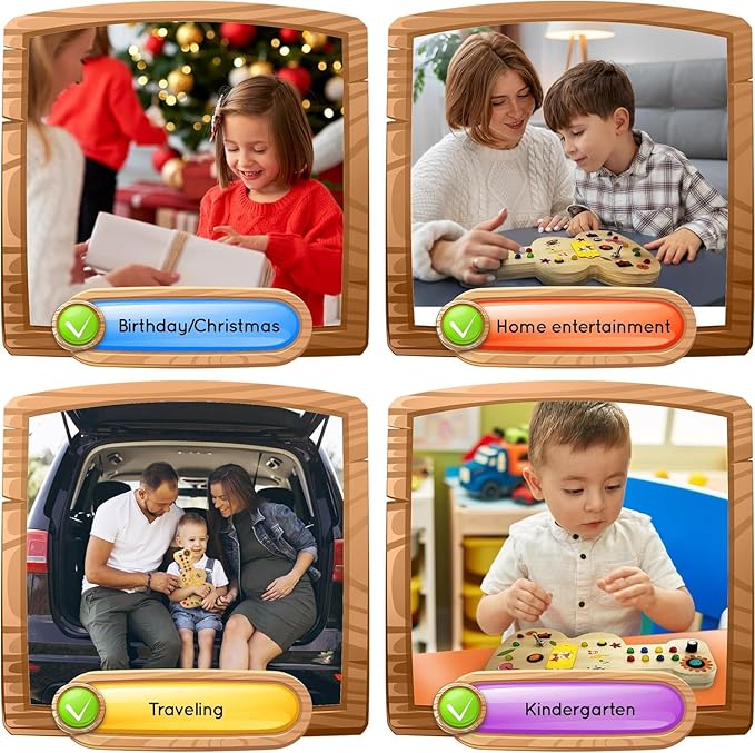 Wooden Montessori Musical Busy Board for Toddlers for 3-5 Year-Old with Mechanical Turner, Colorful Bulbs, Switches, Buttons - Enhance Sensory, Motor Skills