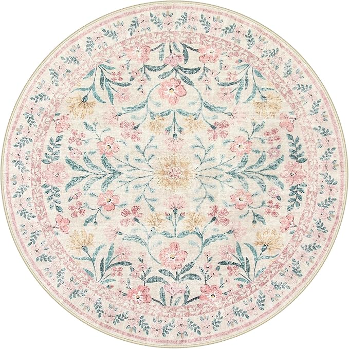 Wonnitar Washable Round Rugs 6ft, Pink Floral Circle Rug Large Round Carpet for Bedroom, Boho Soft Ultra-Thin Circular Carpets for Kids Playroom Living Room Nursery