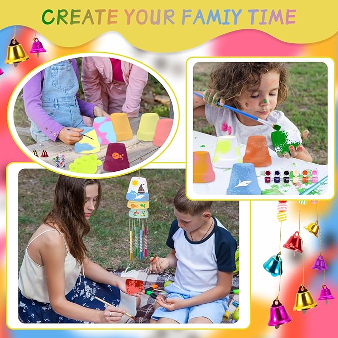 FULAIERGD 3 Pack Wind Chime Making Kit for Kids- Wind Chime Craft Painting Kit-Ceramic Pot, Bells, Stencils and Beads DIY Crafts Gifts for End of Year Student, Christmas, Birthday, Summer Decor