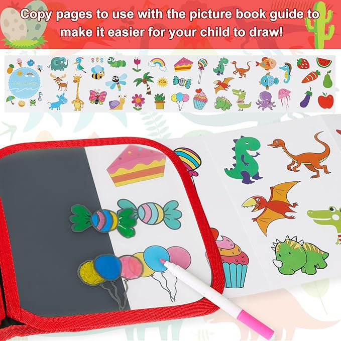 Erasable Doodle Set for Kids - Magic Drawing Book With 12 Watercolor Pens, 14 Page Reusable Drawing, Road Trip Car Game Writing Painting Set for Boys and Girls (Red)