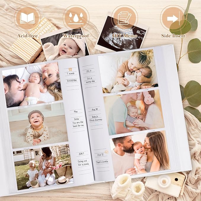 Lanpn Baby Photo Album 4x6 300 Pockets, Linen Newborn Bebe Ultrasound Photo Album with Memo Writing Area Photo Book, Picture Album for kids, Baby Girl Boy Memory Book Keepsake Beige