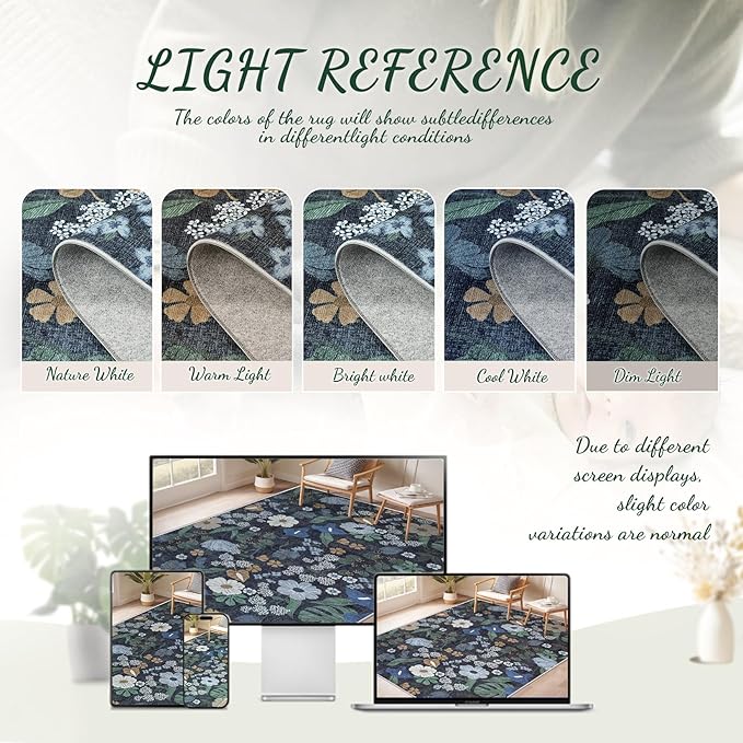 Area Rug Living Room Rugs: 6x9 Washable Rug Vintage Floral Soft Boho Non Slip Carpet Indoor Floor Non Shedding Low Pile Thin Carpets for Bedroom Dining Room Farmhouse Nursery Home Office Blue