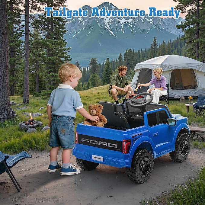 12V Ride on Car Licensed Ford F-150 Raptor, Kids Electric Car with Remote Control, LED Light/Music/MP3, Truck Bed Storage, 3-Point Seat Belt (12V, Blue)
