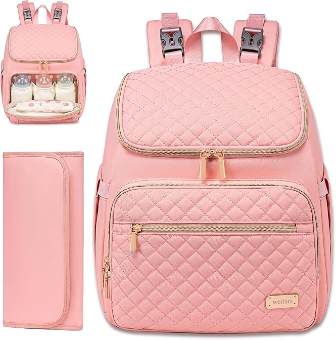 Weitars Diaper Bag Backpack Large Baby Diaper Bag with Changing Pad Travel Diaper Backpack,Baby Bag for Boys Girls,Stroller Straps,5 Insulated Pockets (Pink)